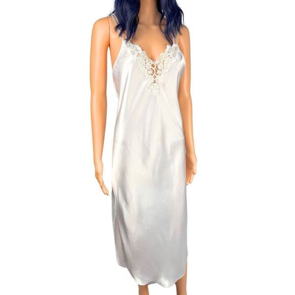 Vintage Cinema Etoile White Satin Embroidered Midi Slip Dress Size Small - Picture 3 of 6